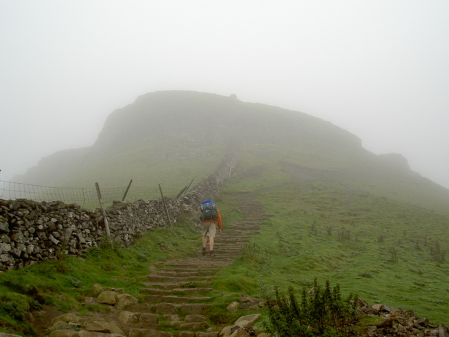 Hazy ascent to the summit of Pen y ghent